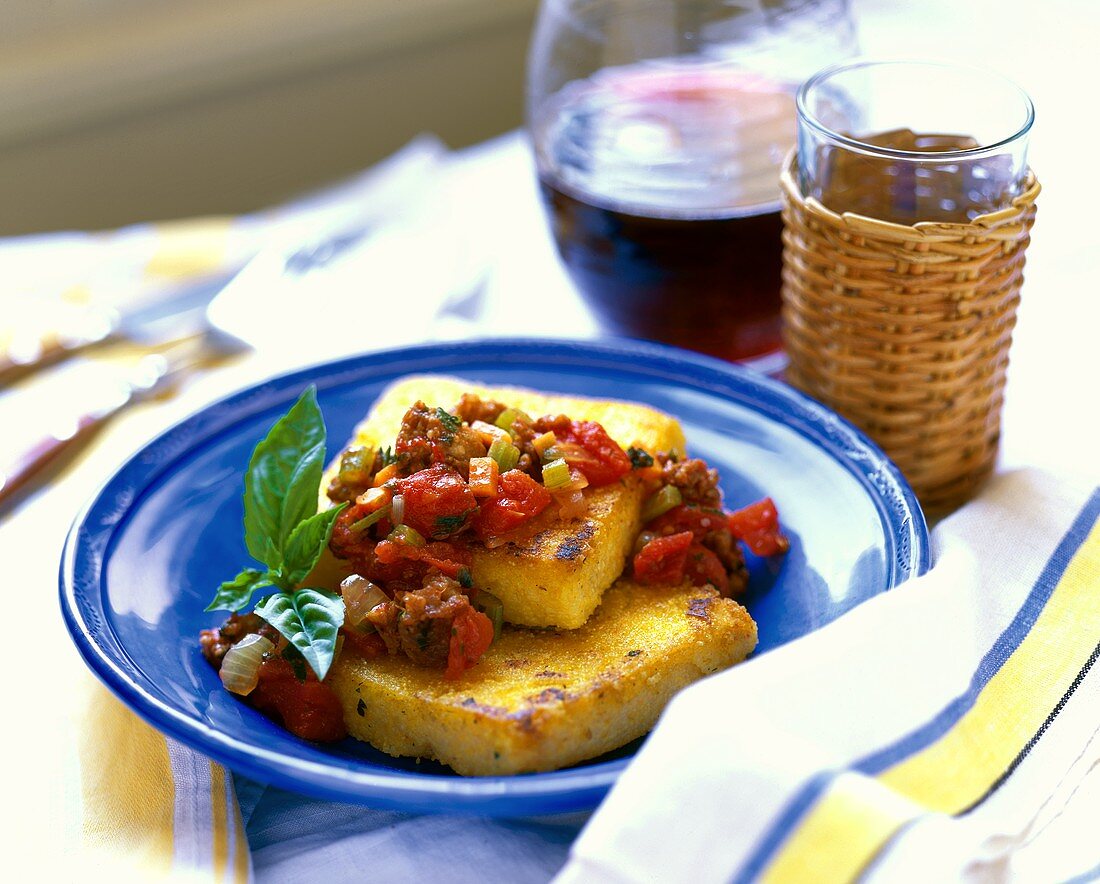 Polenta fritta (Gebratene Polenta mit Tomatengemüse, Italien)