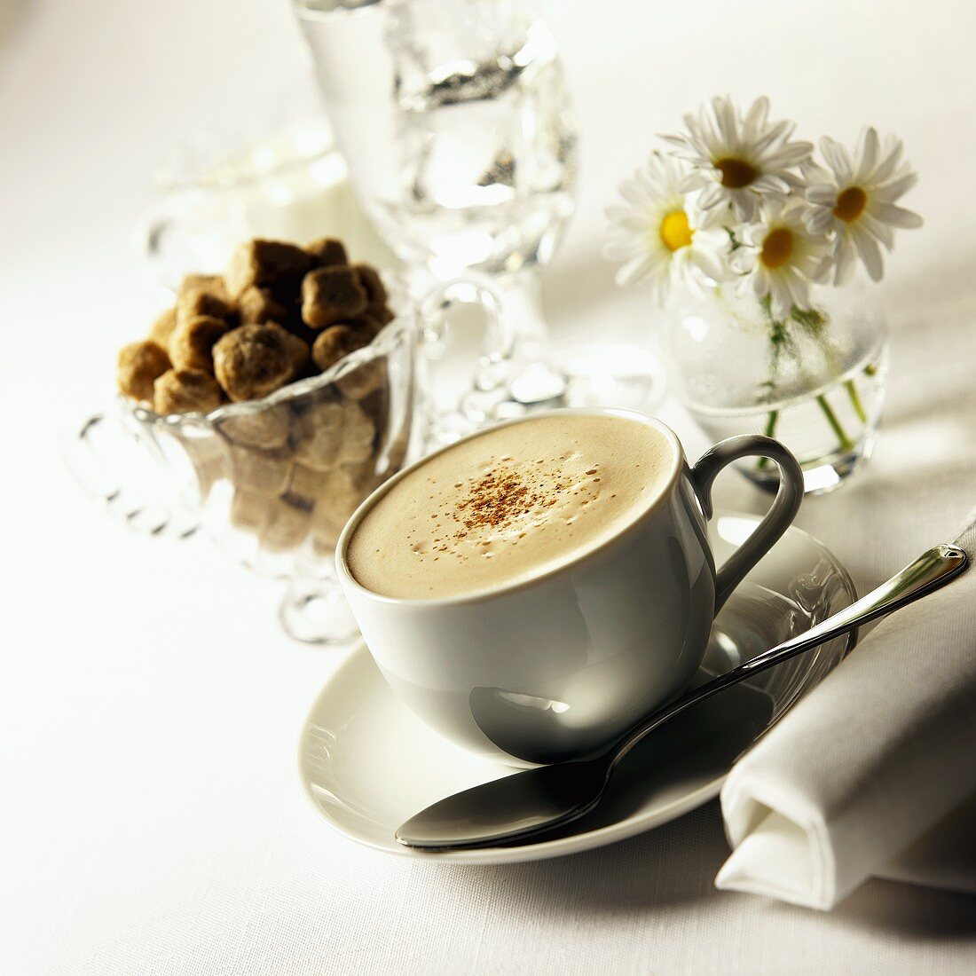 Cappuccino in weisser Tasse; braune Zuckerwürfel
