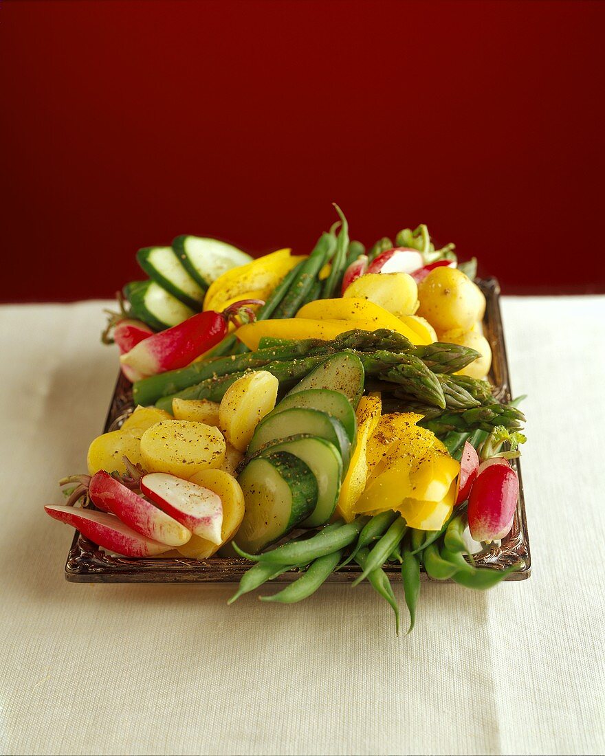 Vegetable platter with potatoes, asparagus, cucumber & radishes