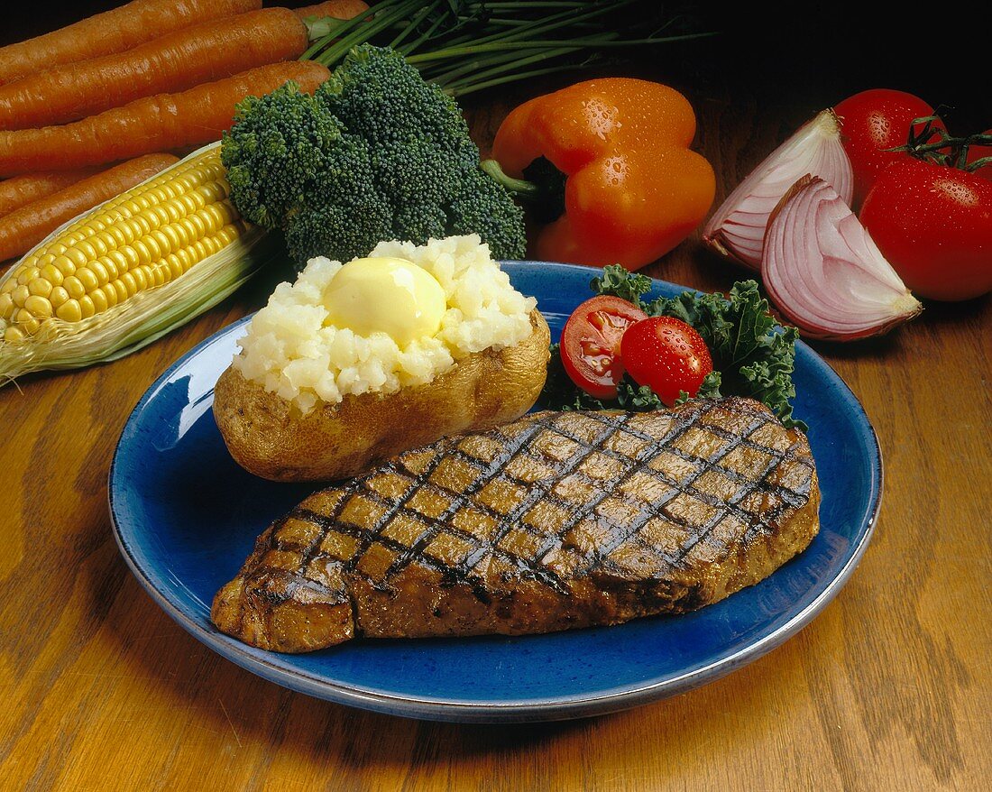 Grilled Strip Steak with Baked Potato; Fresh Vegetables