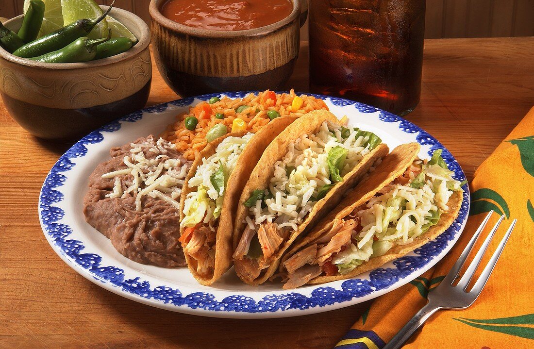 Chicken Tacos with Refried Beans; Rice