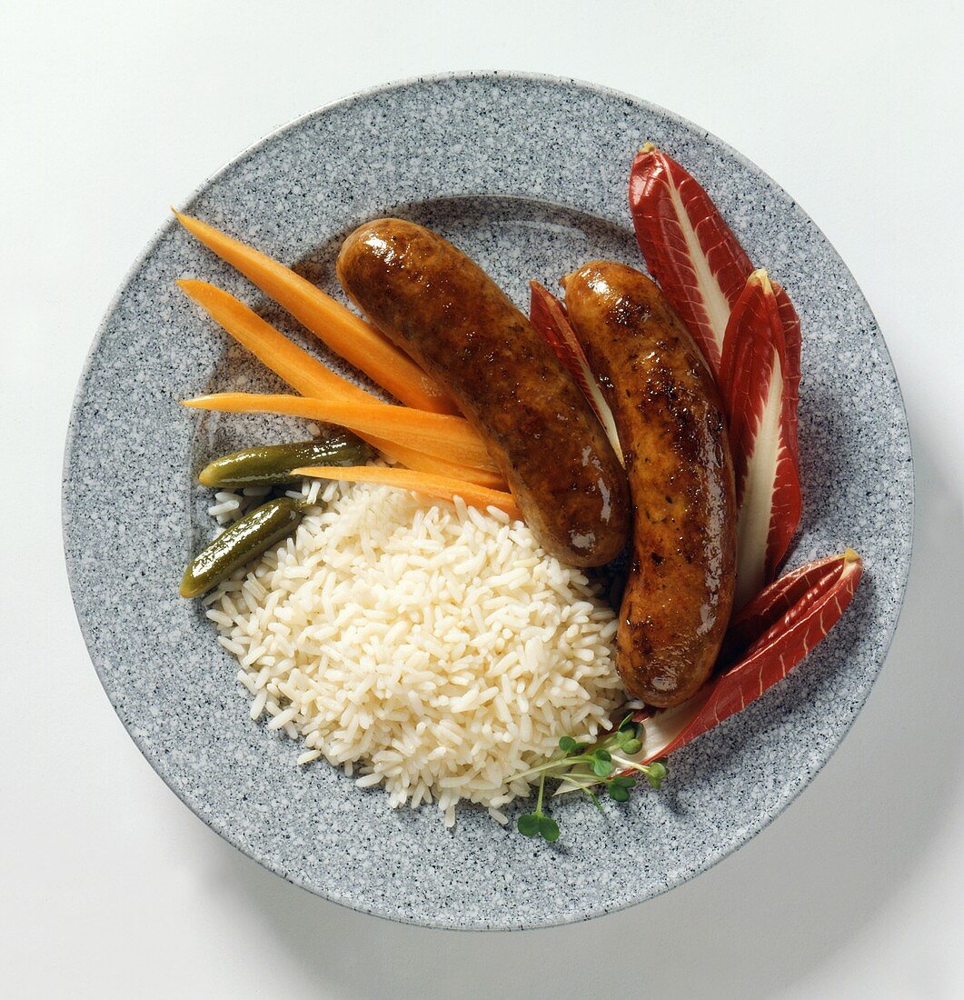Sausages with White Rice, Carrots and Radicchio