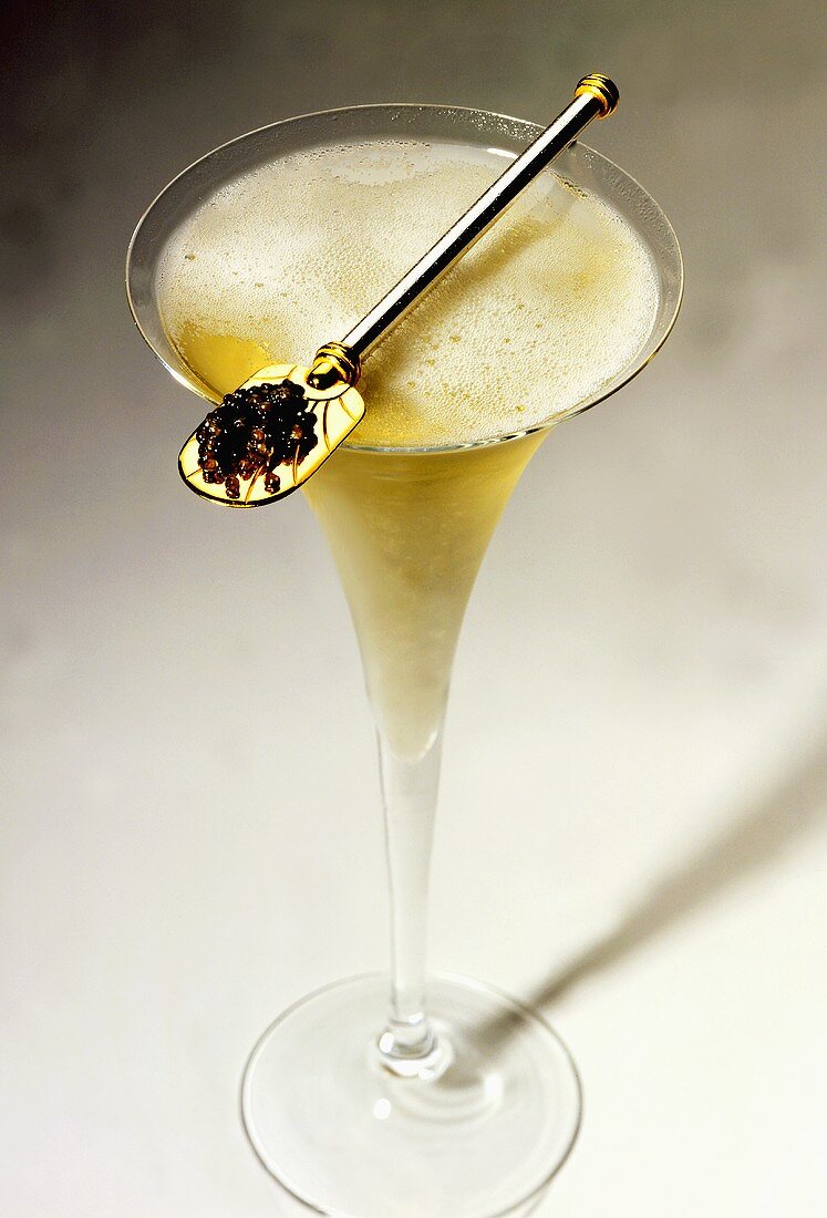 Löffel mit Kaviar liegt auf Champagnerglas