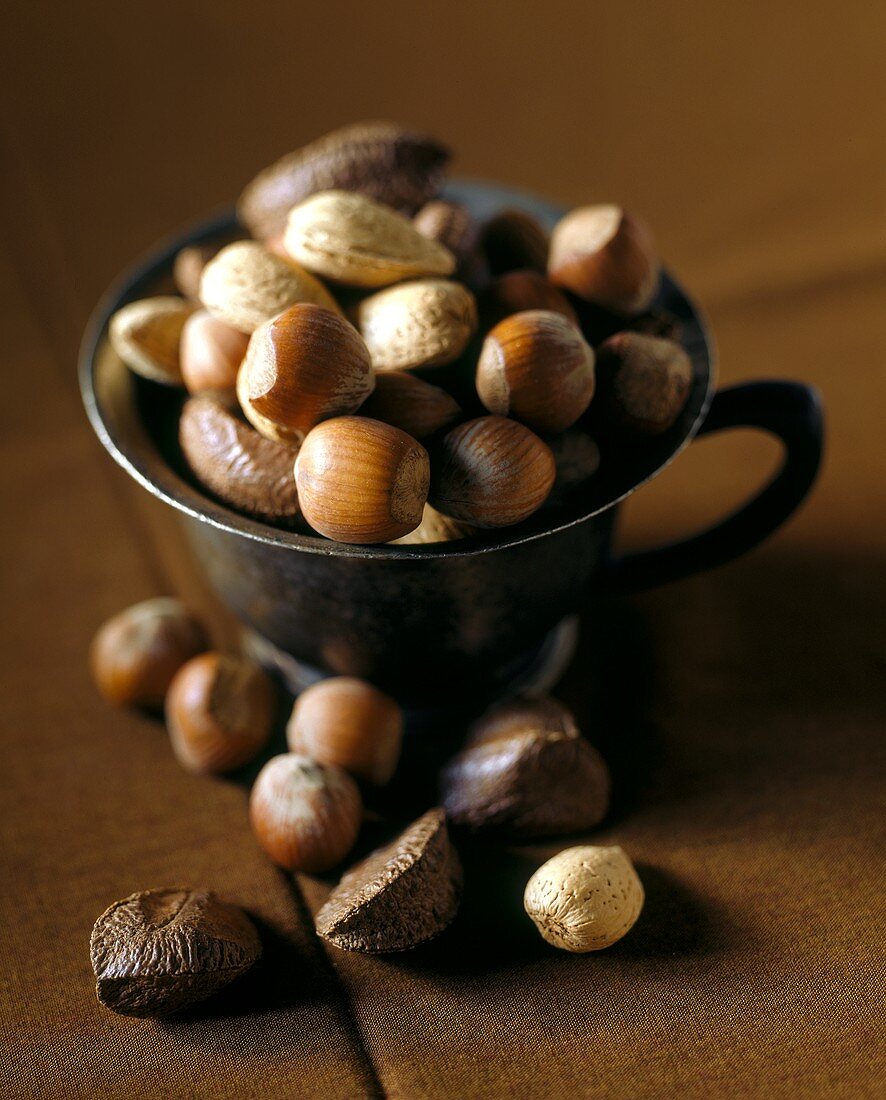 Hazelnuts, almonds and Brazil nuts in a pewter cup