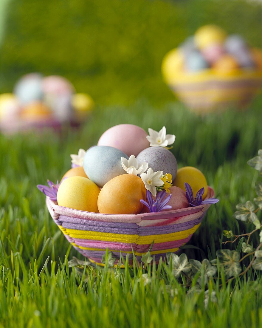 Coloured Easter baskets with eggs and flowers on grass