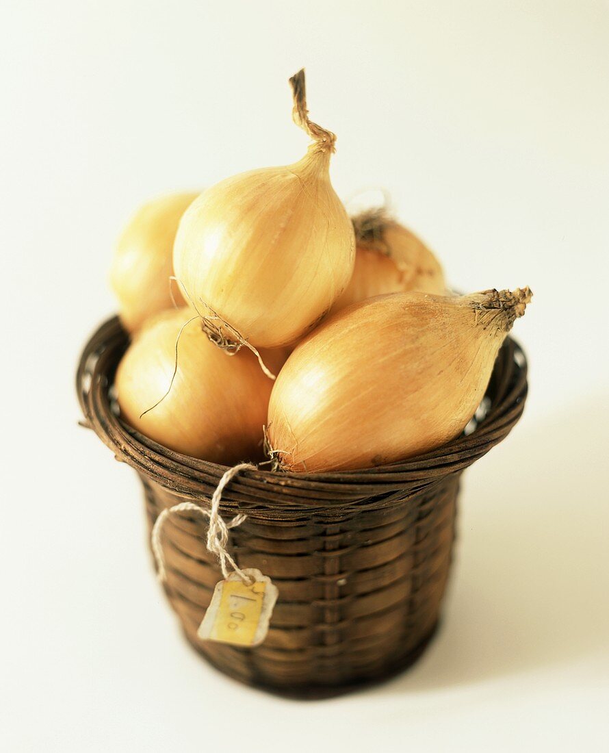 Basket of onions with price label