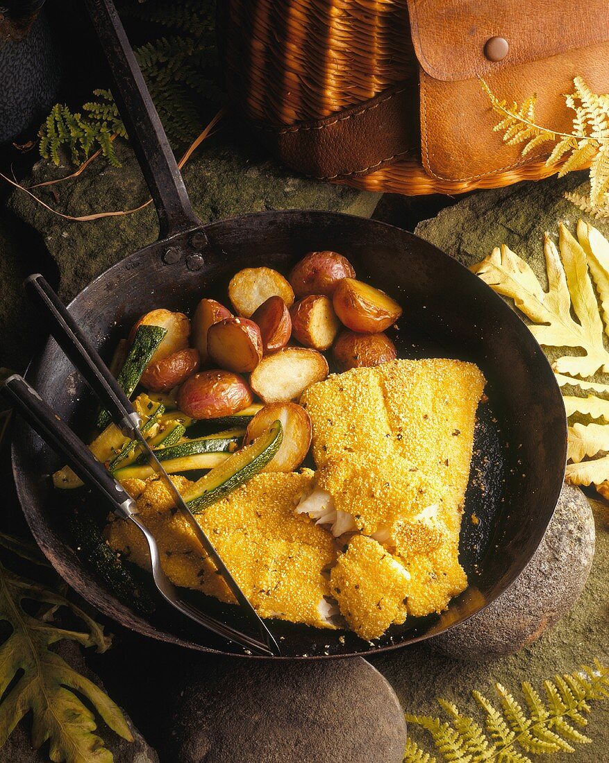 Panierte Fischfilets in Pfanne mit Kartoffeln