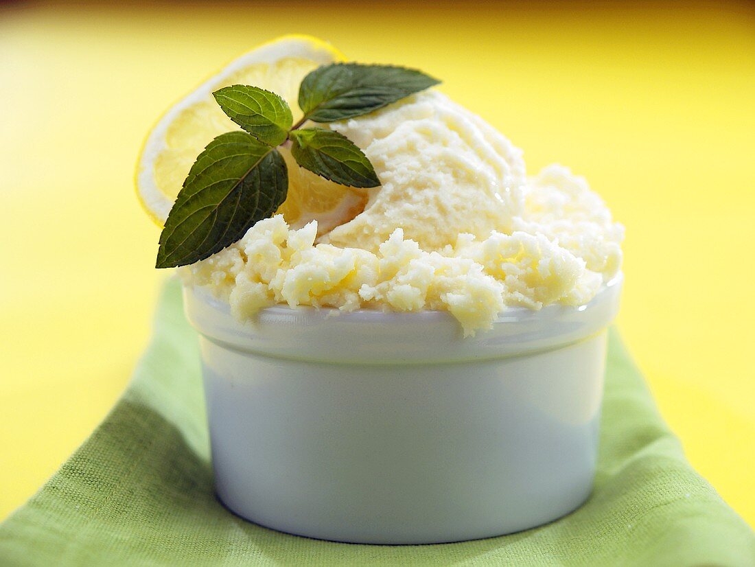 Lemon ice cream garnished with fresh mint