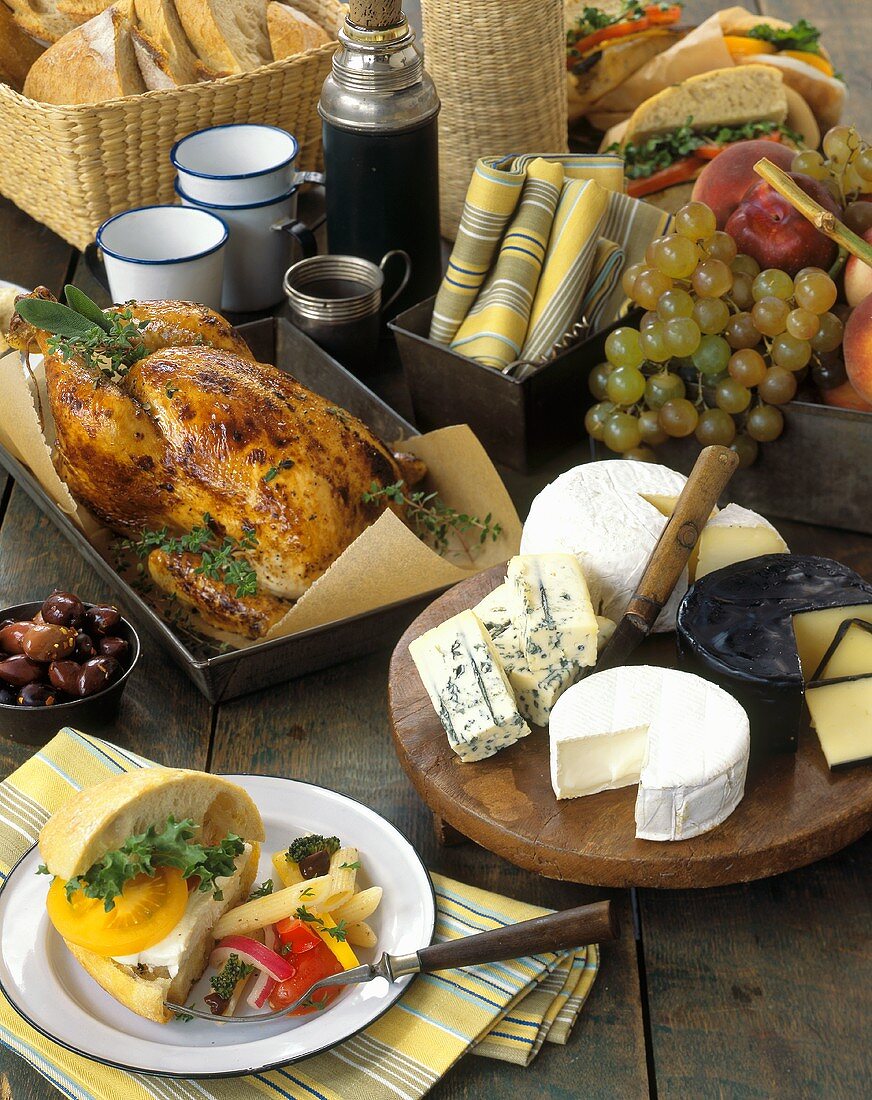 Picnic Buffet with Cheese, Roast Turkey and Sandwiches
