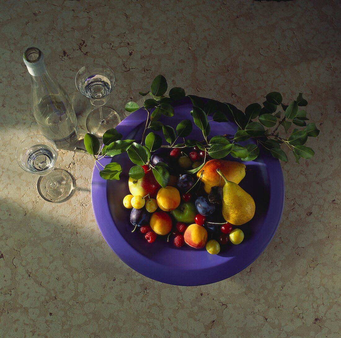Purple Bowl with Fruit and Leaves