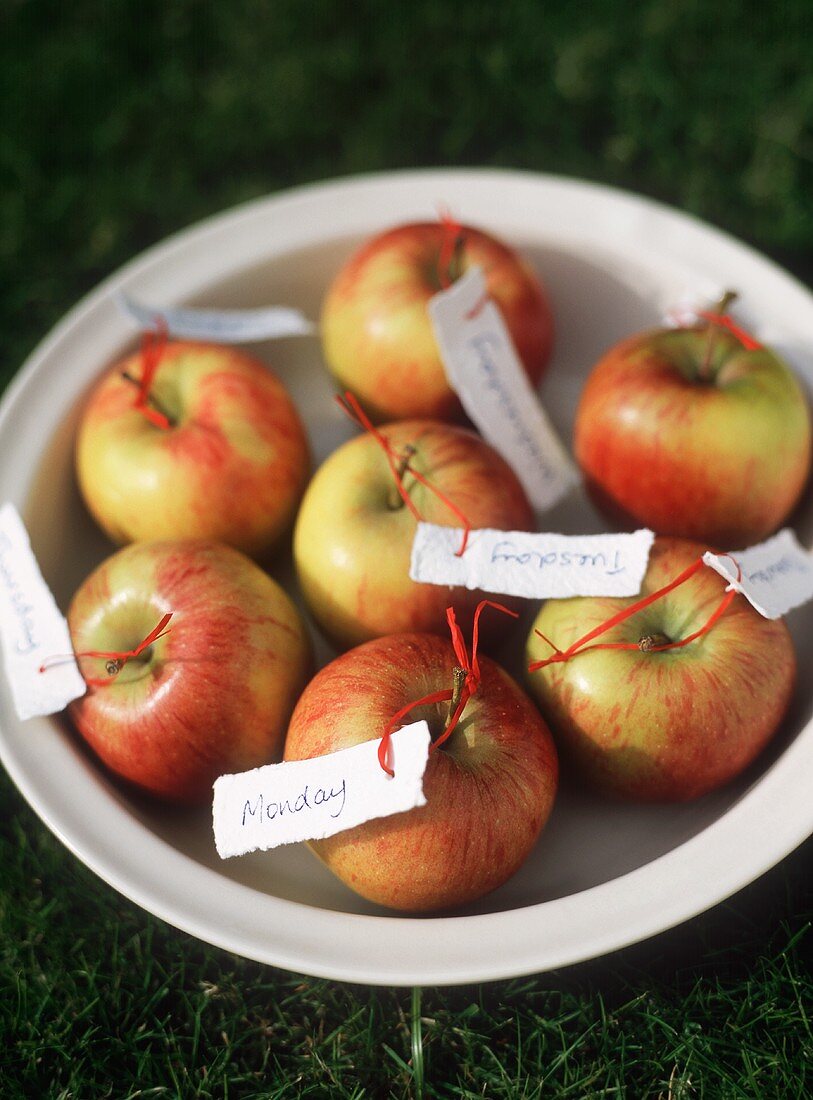 A Bowl of Apples with Tags Showing the Days of the Week