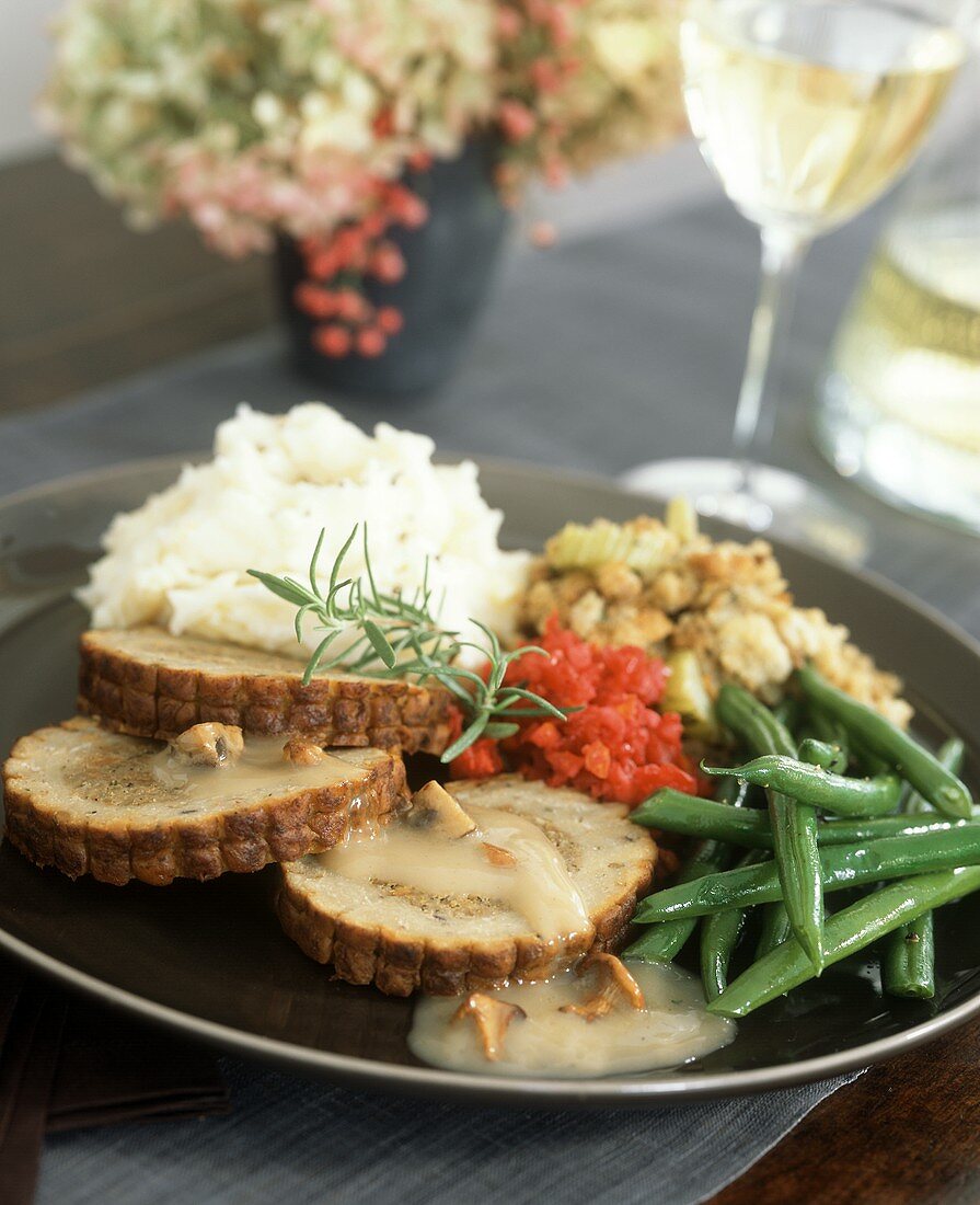 Stuffed Turkey Medallions with Mushroom Gravy and Vegetables