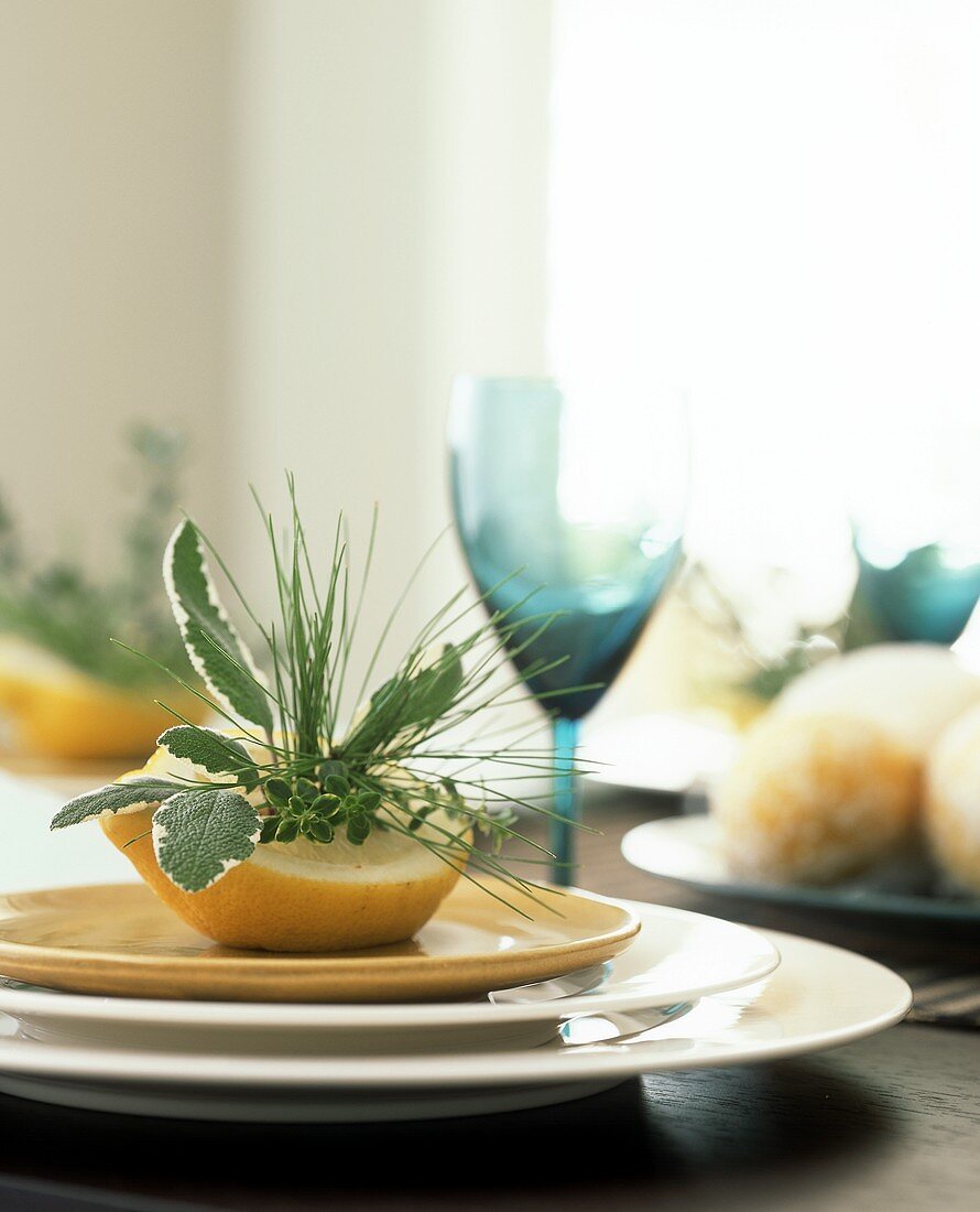 Halved Lemon with Fresh Herbs