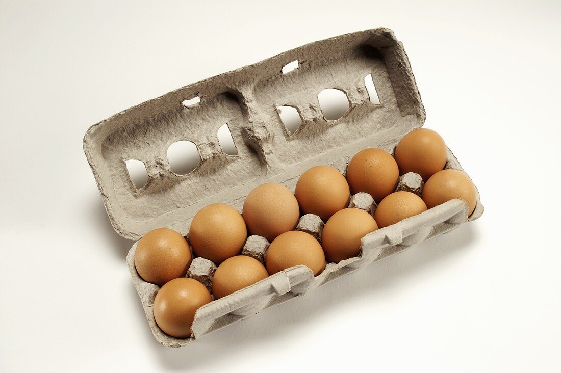 Zwölf braune Eier in geöffnetem Eierkarton