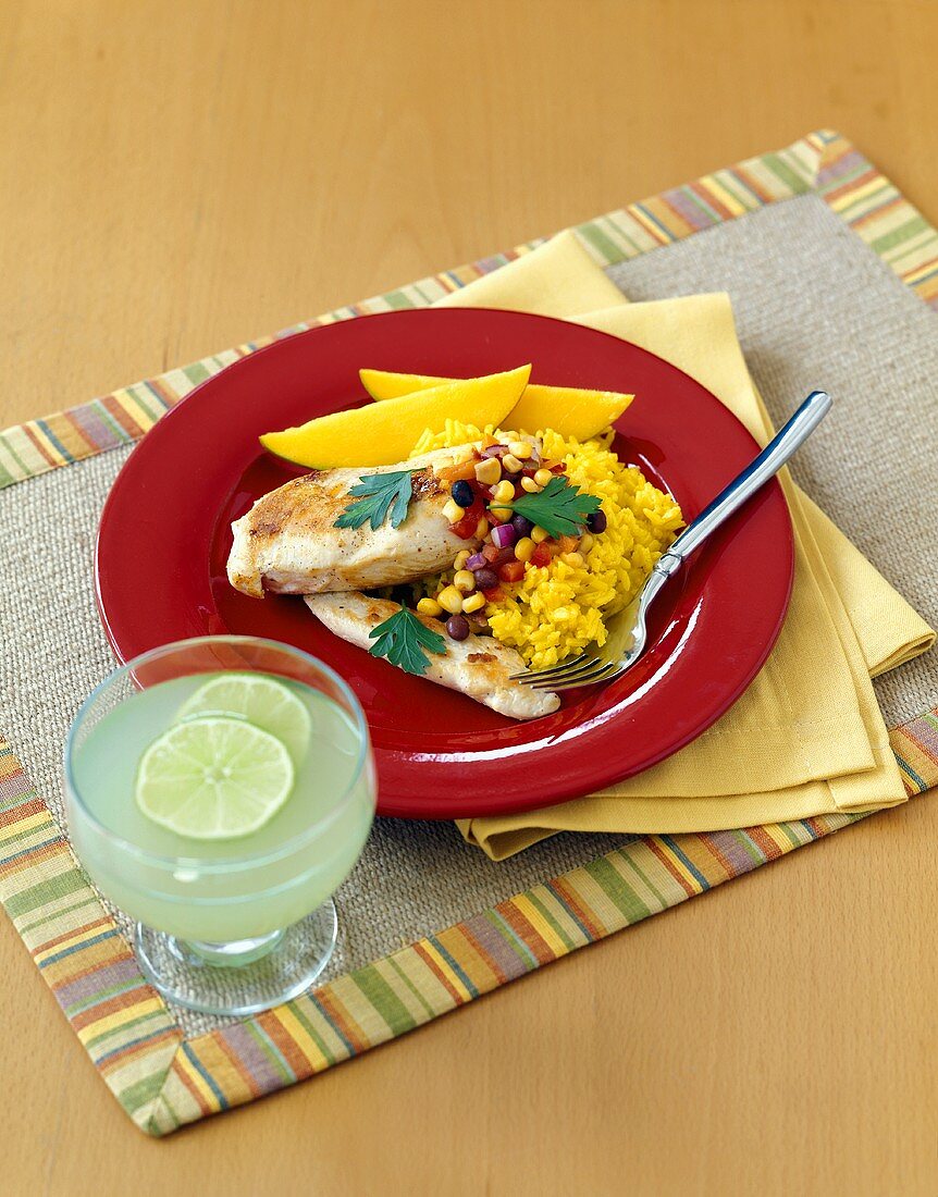 Chicken Breasts with Black Bean and Corn Relish with Yellow Rice and a Margherita