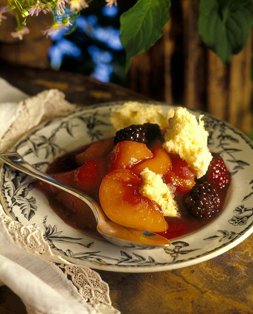 Blackberry and nectarine cobbler on plate