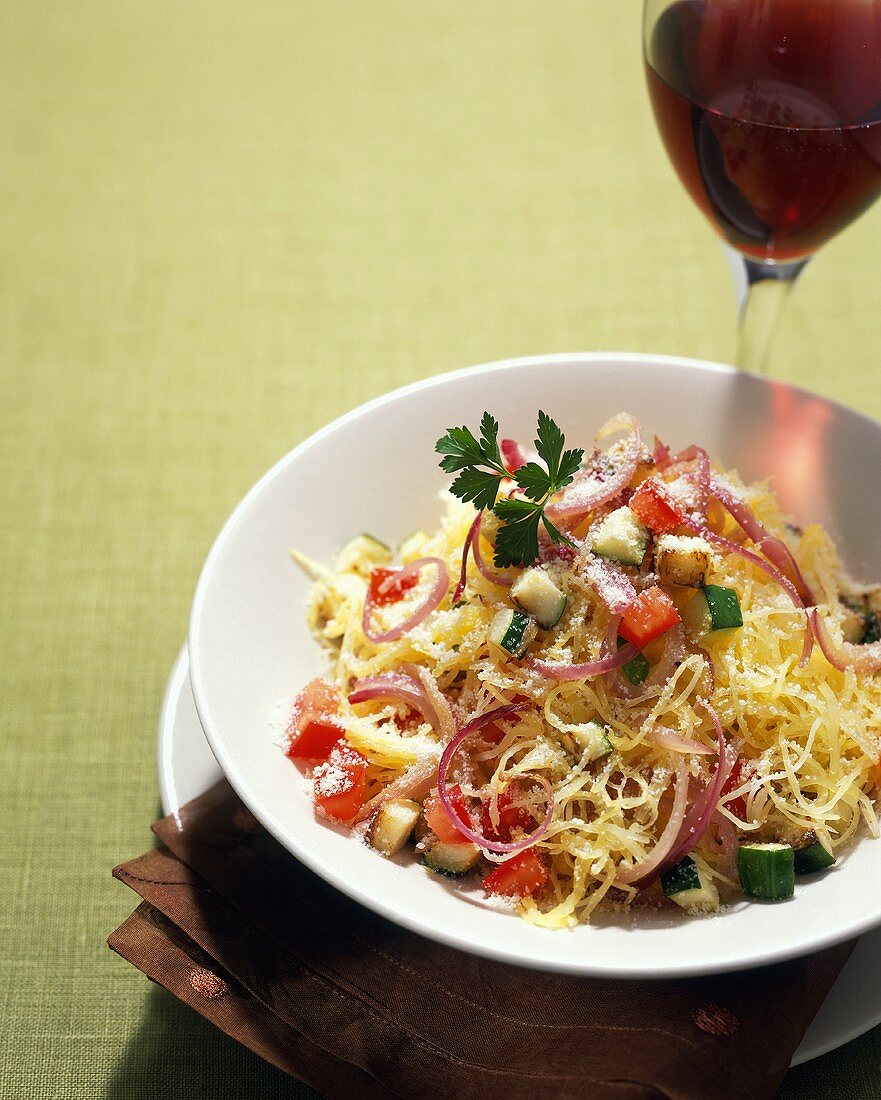 Spaghetti Squash with Vegetables and Parmesan; Red Wine