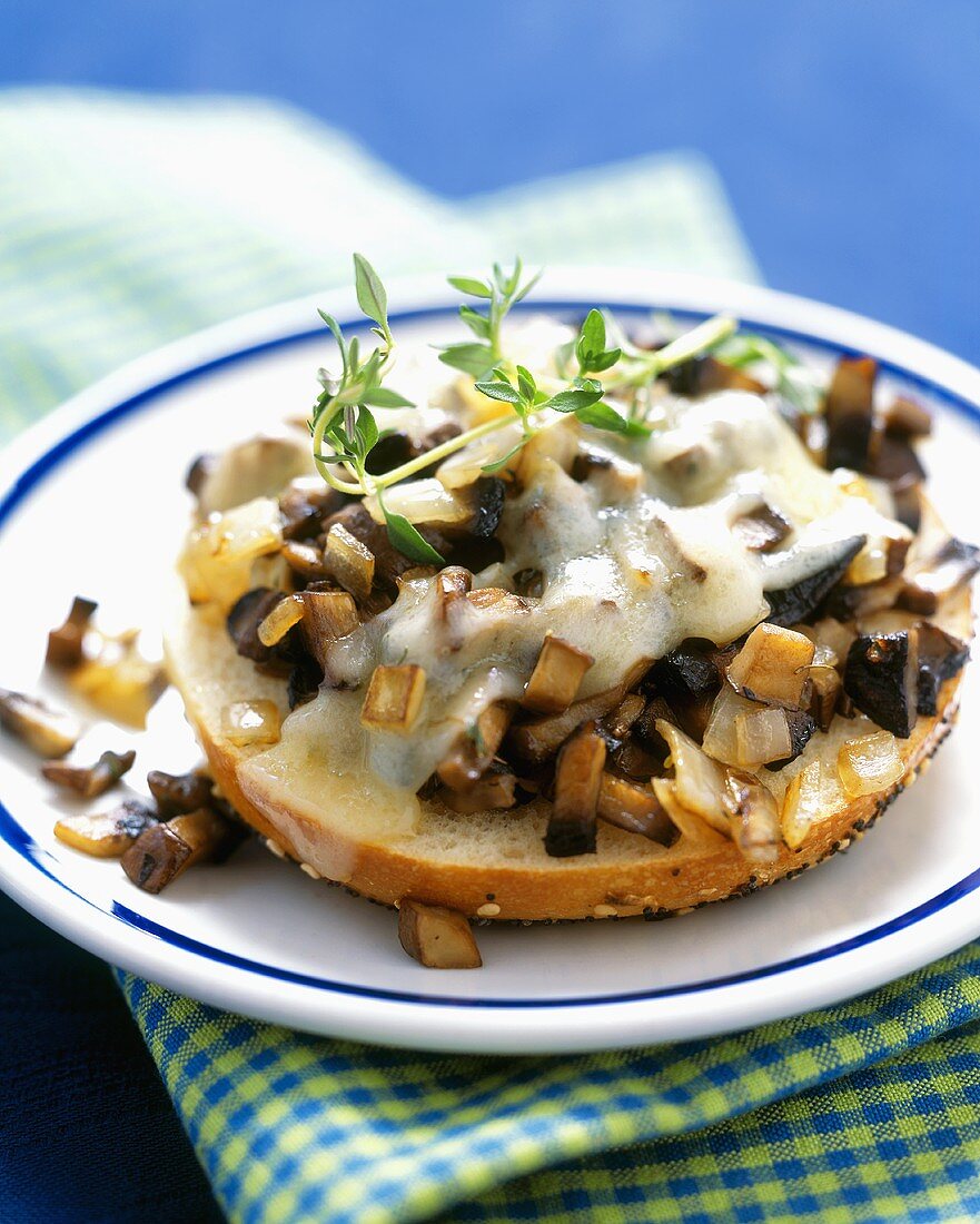 Mushrooms, Onions and Melted Swiss on a Bagel Half