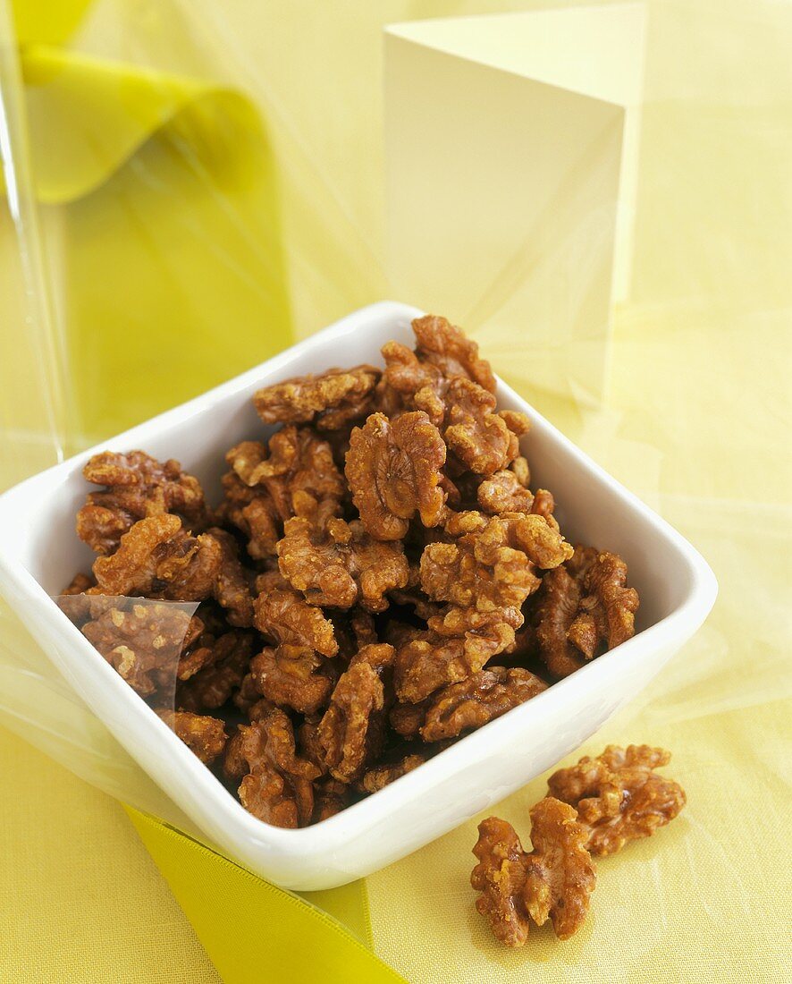 Candied Walnuts in a White Dish