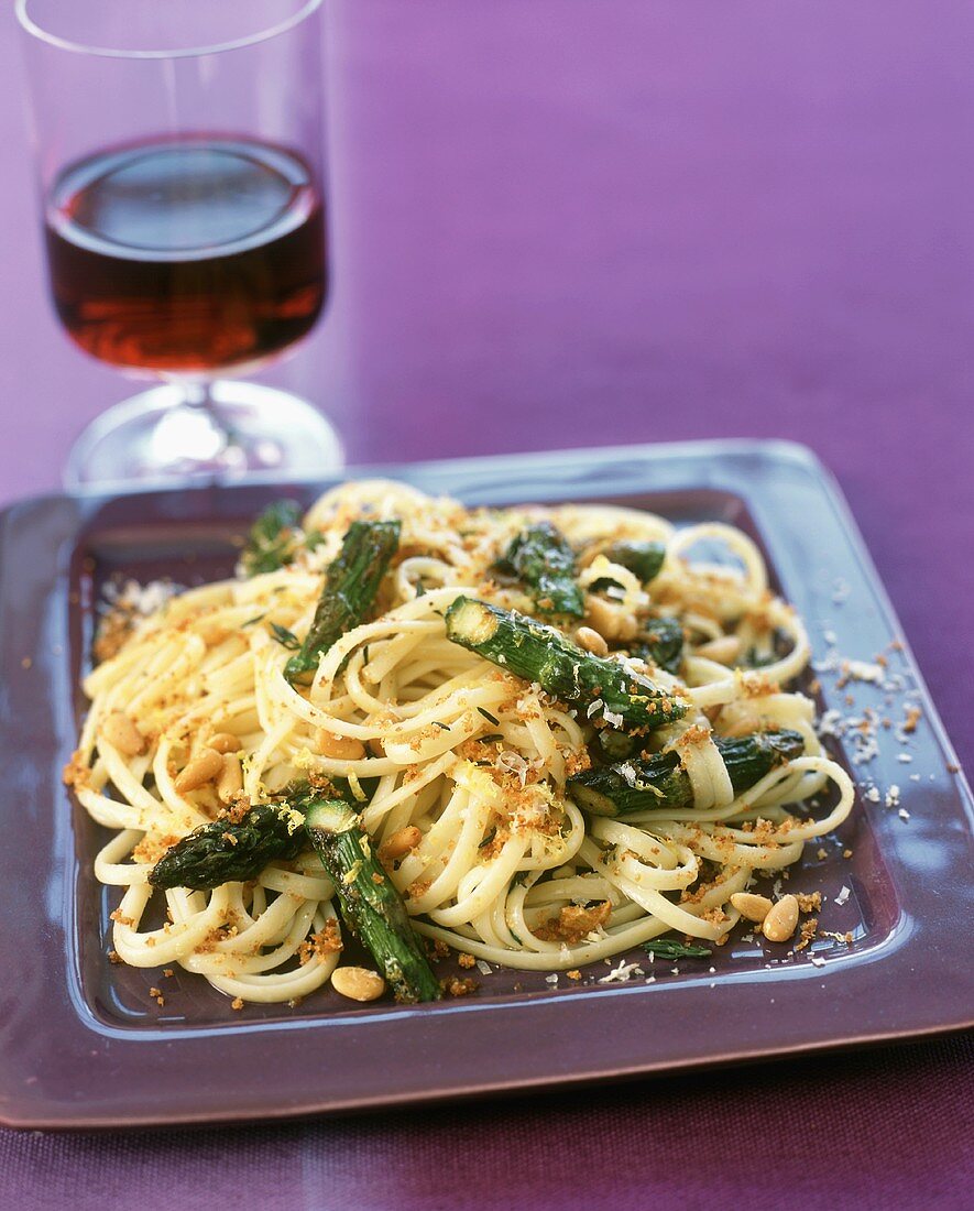 Linguine with Asparagus and Pine Nuts; Red Wine