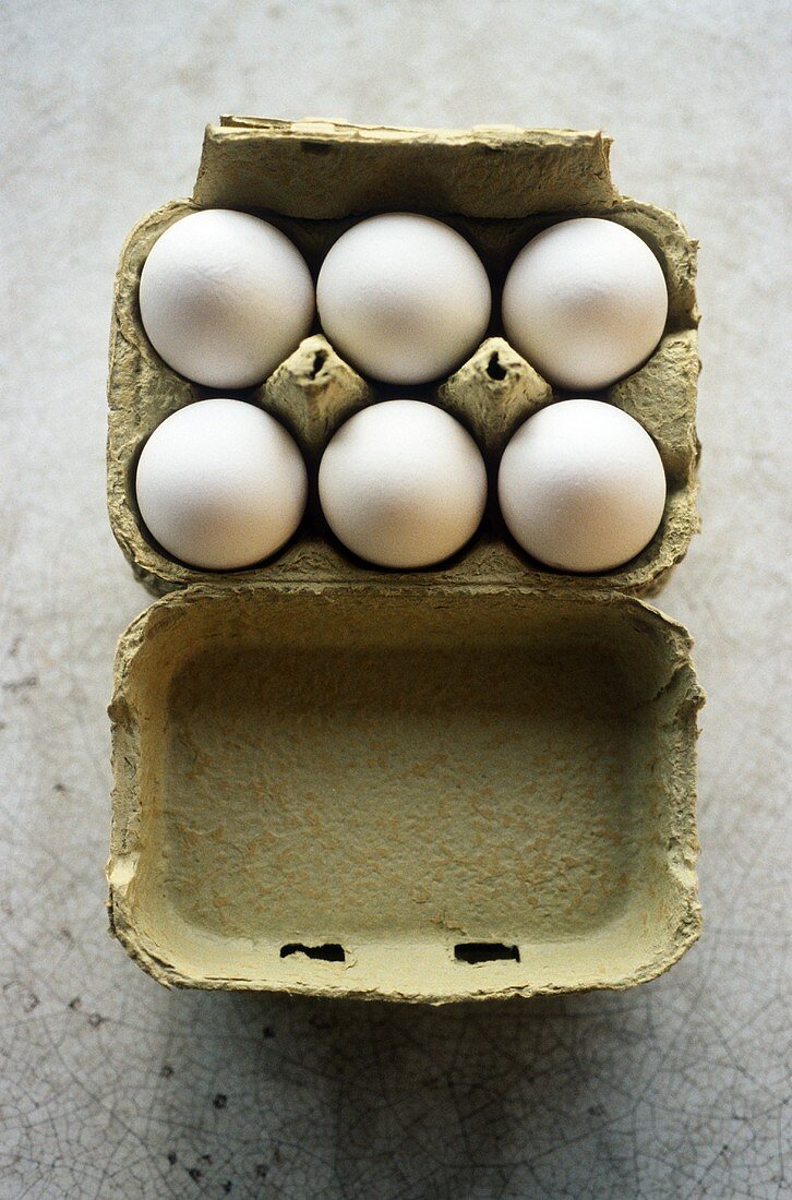 Six white eggs in egg box (overhead view)