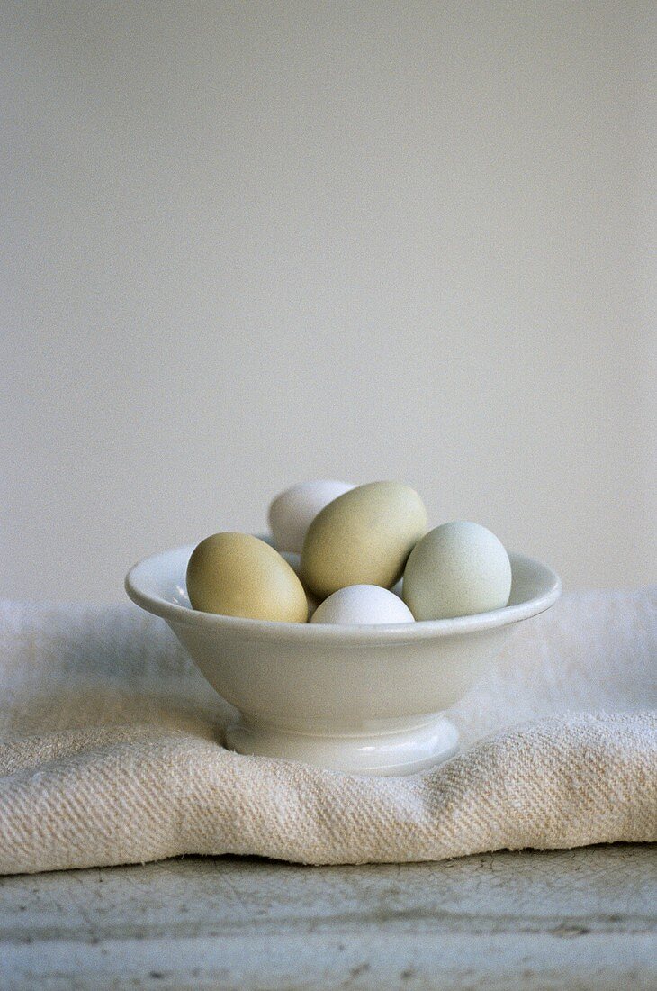 Frische Eier in weisser Schale auf Tuch