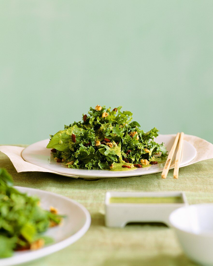 Mixed Green Salad with Walnuts and Wasabi Dressing; Chopsticks