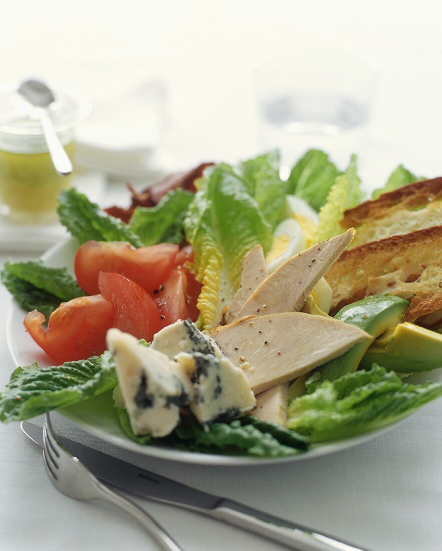A Romaine Salad with Chicken, Blue Cheese, Avocado, Tomato and Toasted Bread