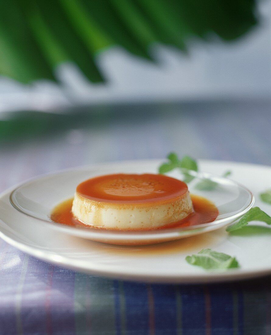 Caramel pudding, garnished with mint