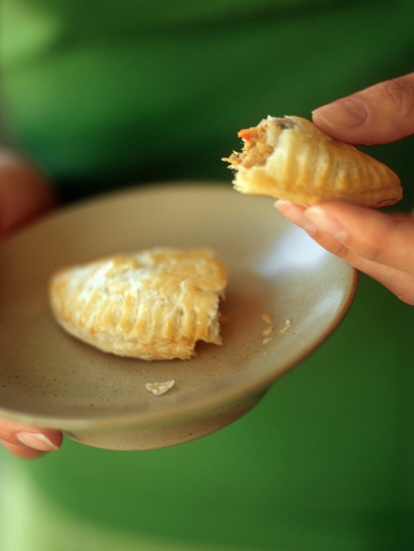 Hands Holding a Chicken Empanada