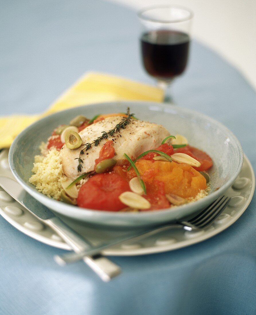 Fish fillet with olives, tomatoes and almonds