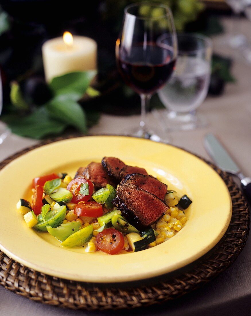 Sliced Beef Over Tomato and Corn Salad with Red Wine