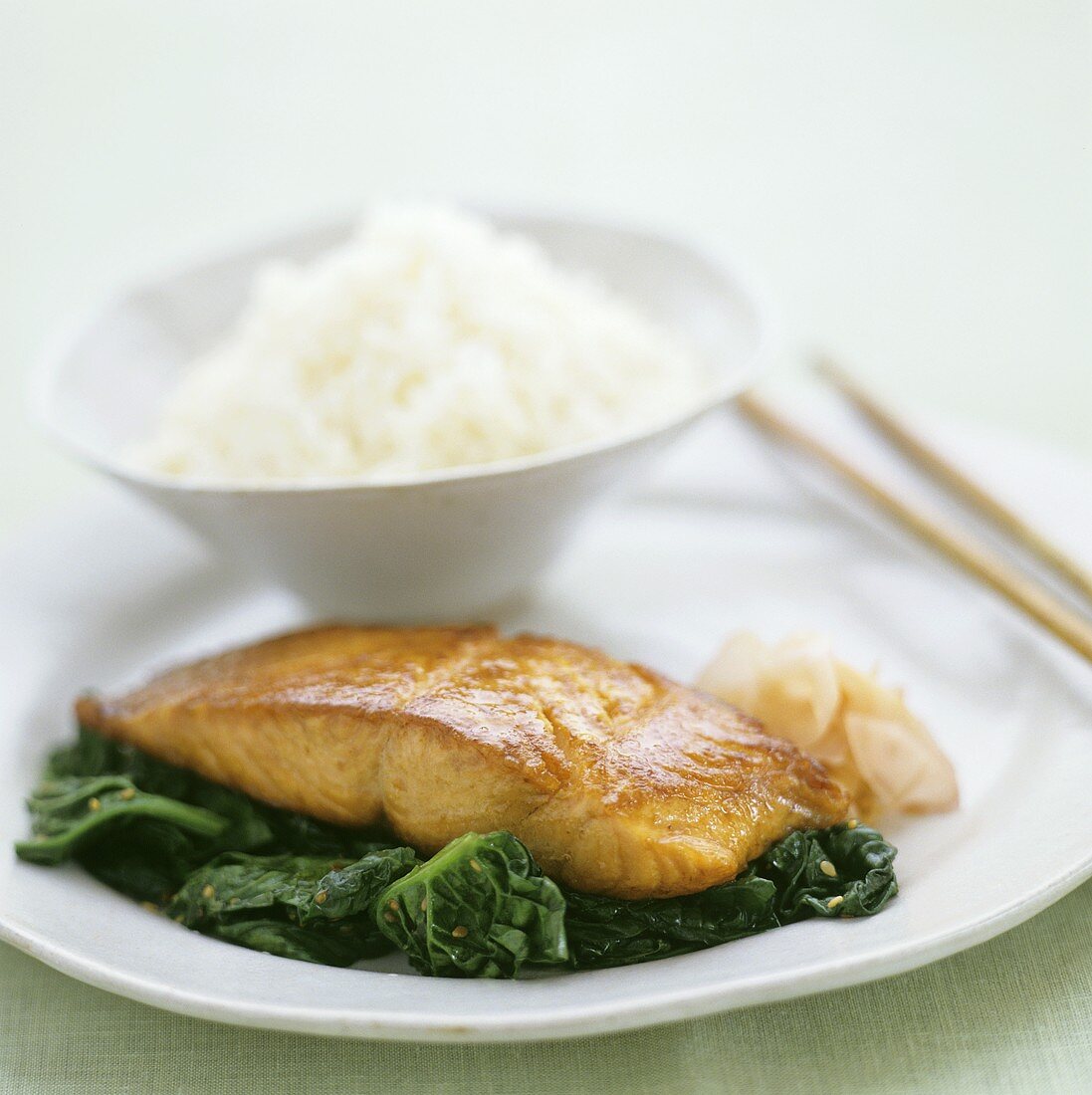 Salmon Fillet with Steamed Greens, Pickled Ginger and White Rice