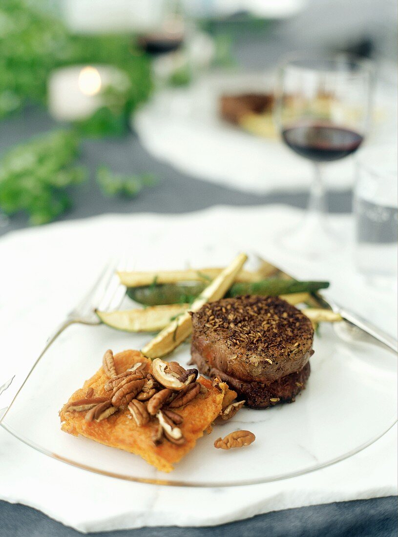 Beef fillet with vegetables and sweet potato bake