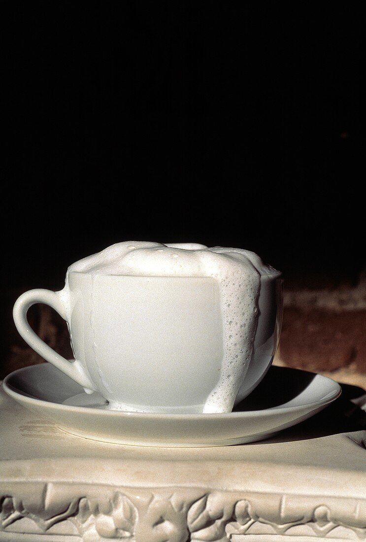 Eine Tasse Cappuccino mit überschäumendem Milchschaum