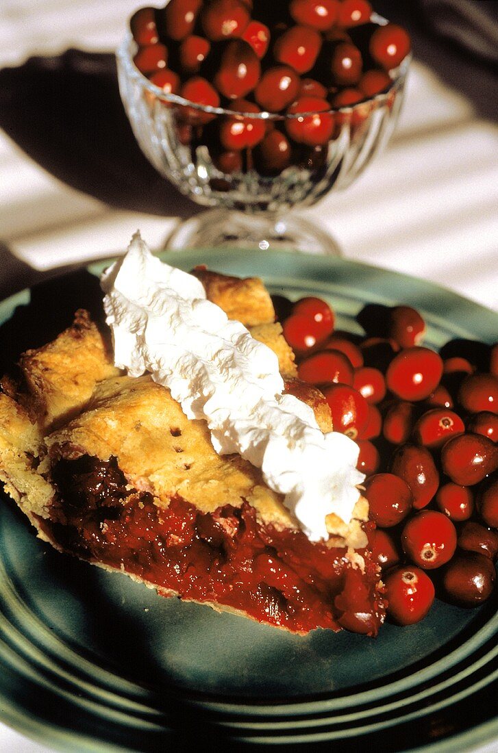 A Slice of Cranberry Pie with Fresh Cranberries