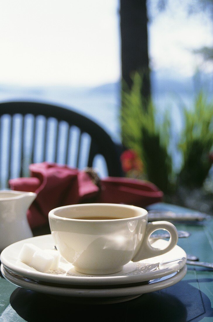 A Cup of Coffee and Saucer on an Outdoor Table