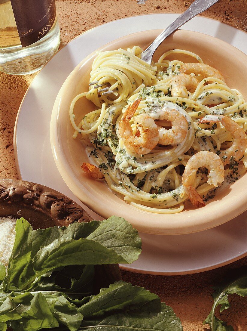 Spaghetti with Shrimp and Arugula