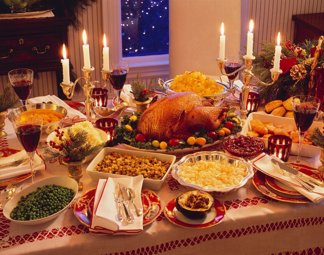 Christmas Dinner on a Decorated Table