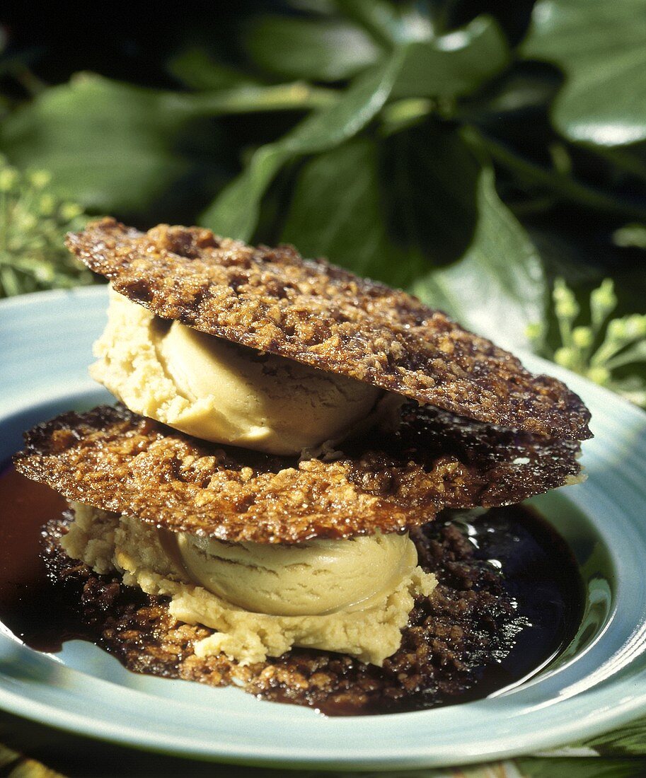 Mokkaeis zwischen Schokoladenkeksen in Schokoladensauce