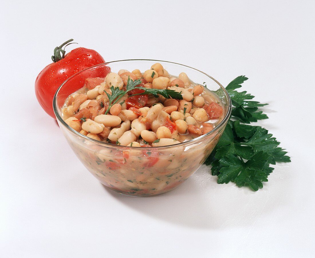 Bean Relish in a Bowl;Fresh Parsley and Tomato