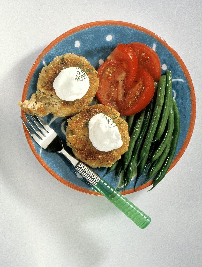 Crab Cakes with Sour Cream; Tomatoes and Asparagus