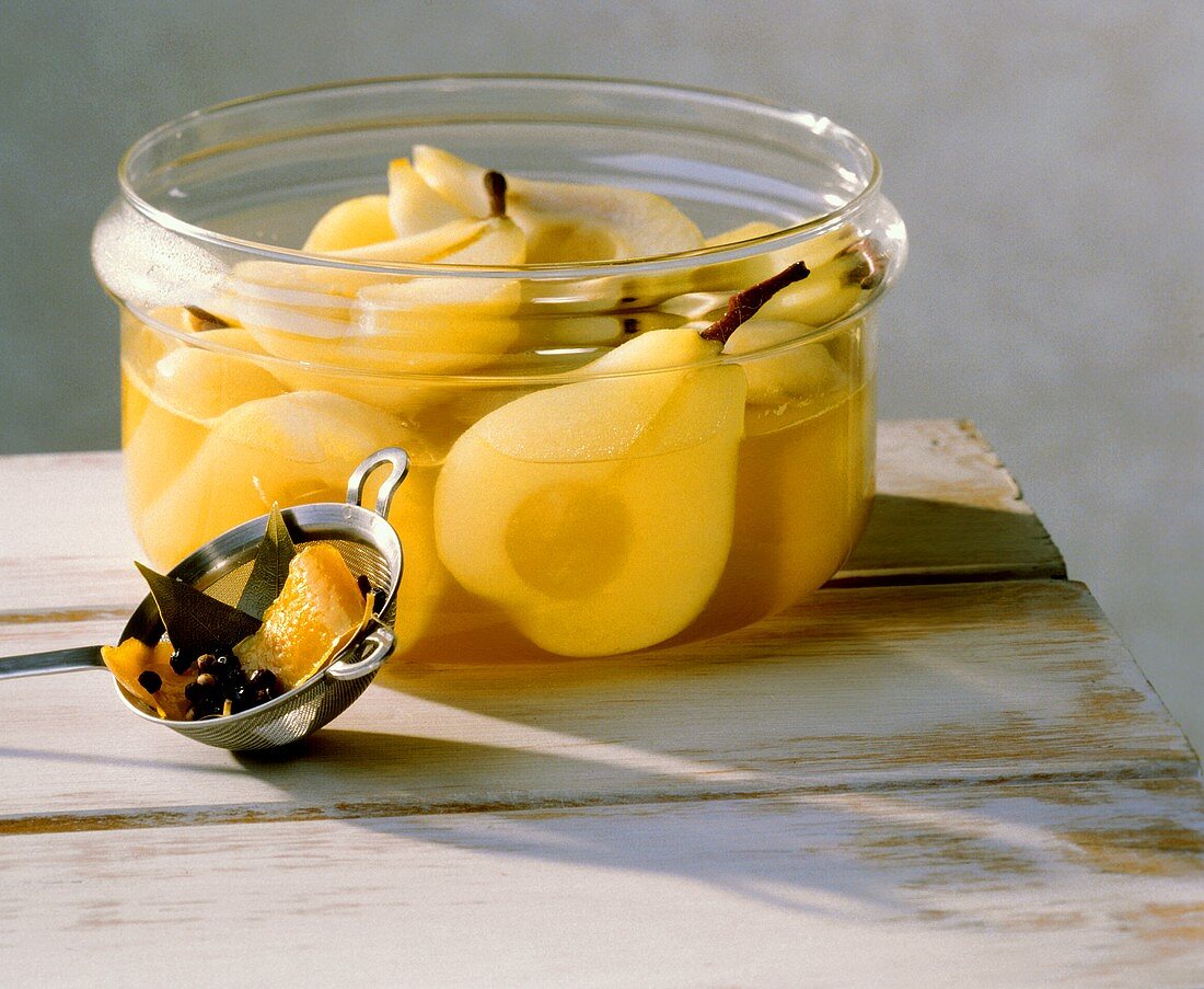 Spiced Pears in a Glass Bowl