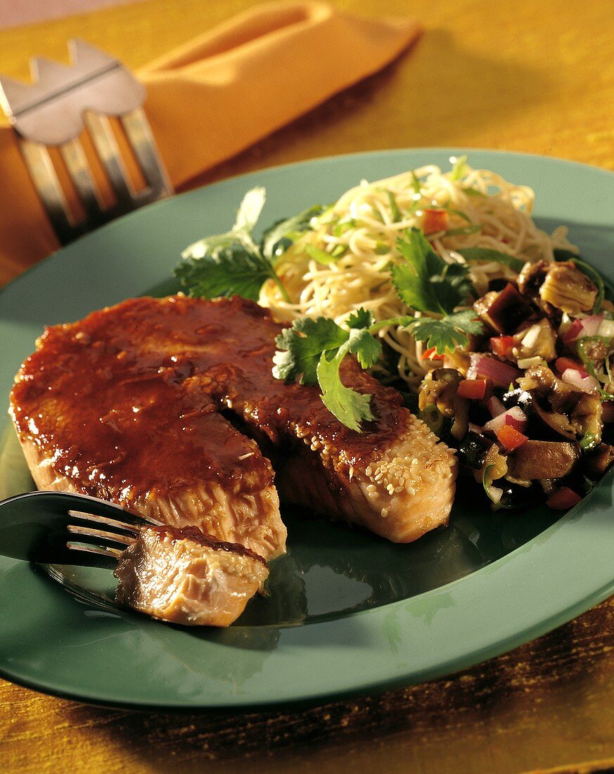 Soy Glazed Salmon Steak with Vegetables and Pasta