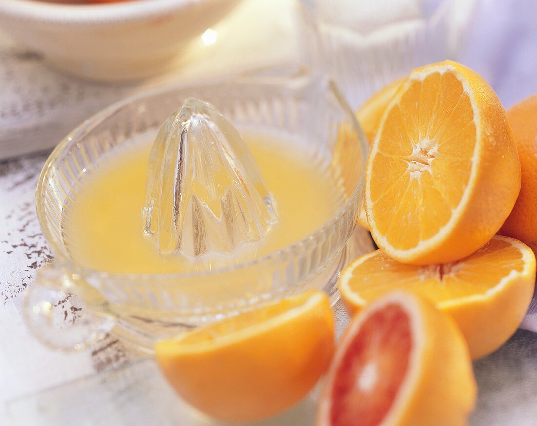 Frisch gepresster Orangensaft in Zitruspresse; Orangen