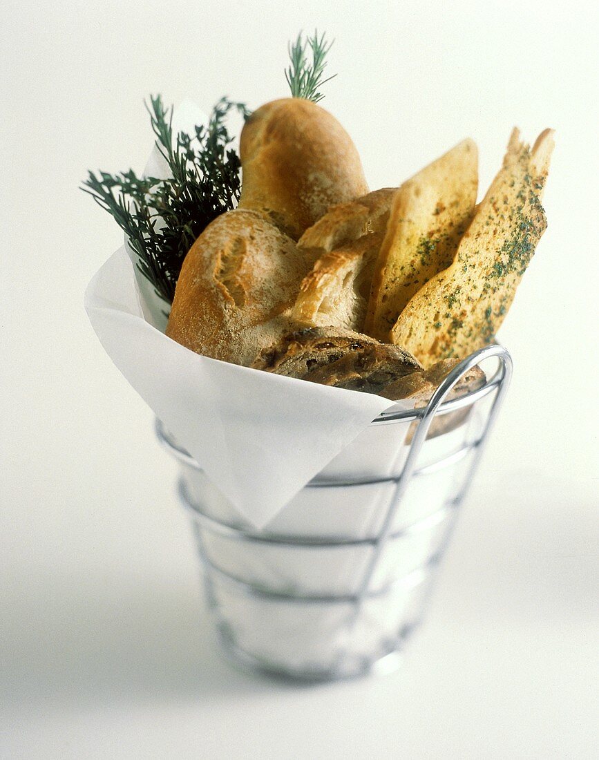 Assorted Breads in a Wire Basket