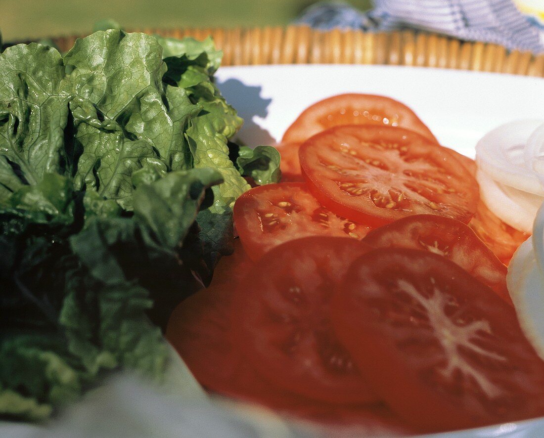 Salat, Tomatenscheiben, Zwiebeln auf Teller