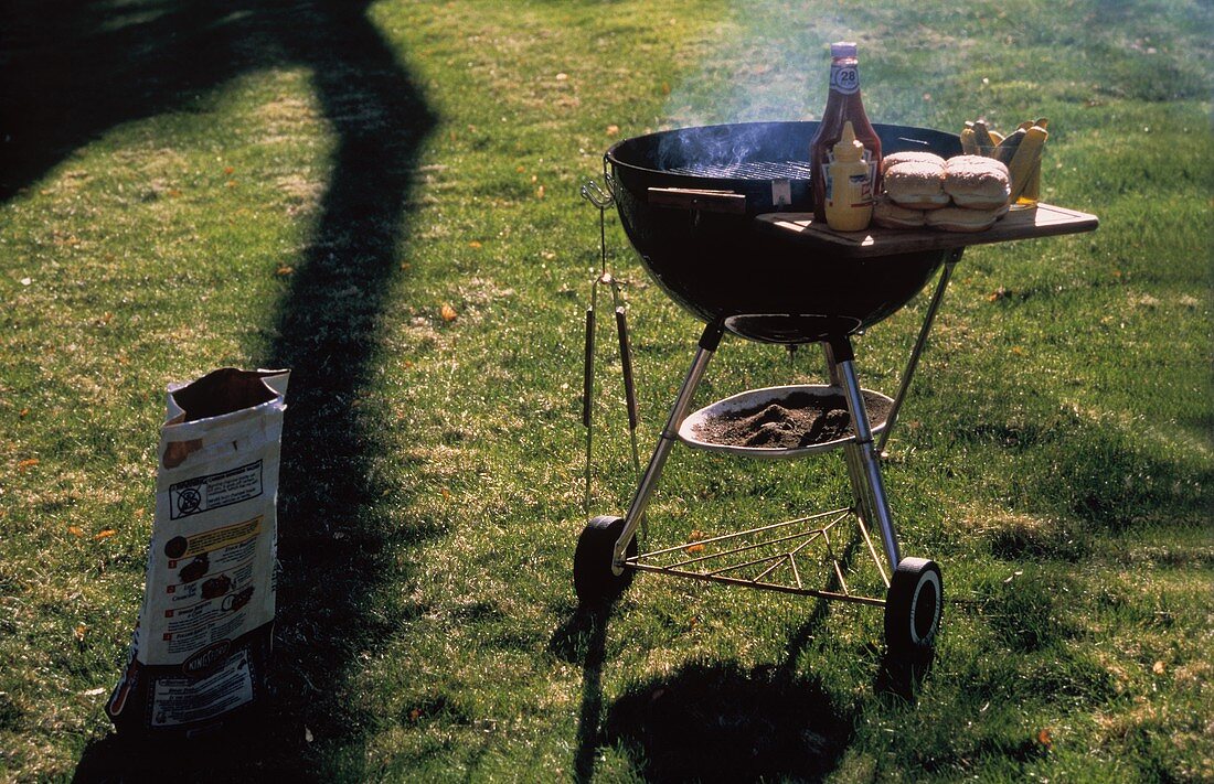 Fahrbarer Grill auf der Wiese mit Hamburgerzutaten