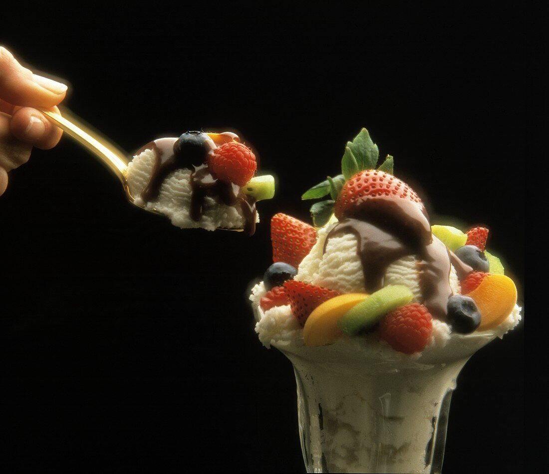 Ice Cream Sundae with Fruit and Chocolate Sauce