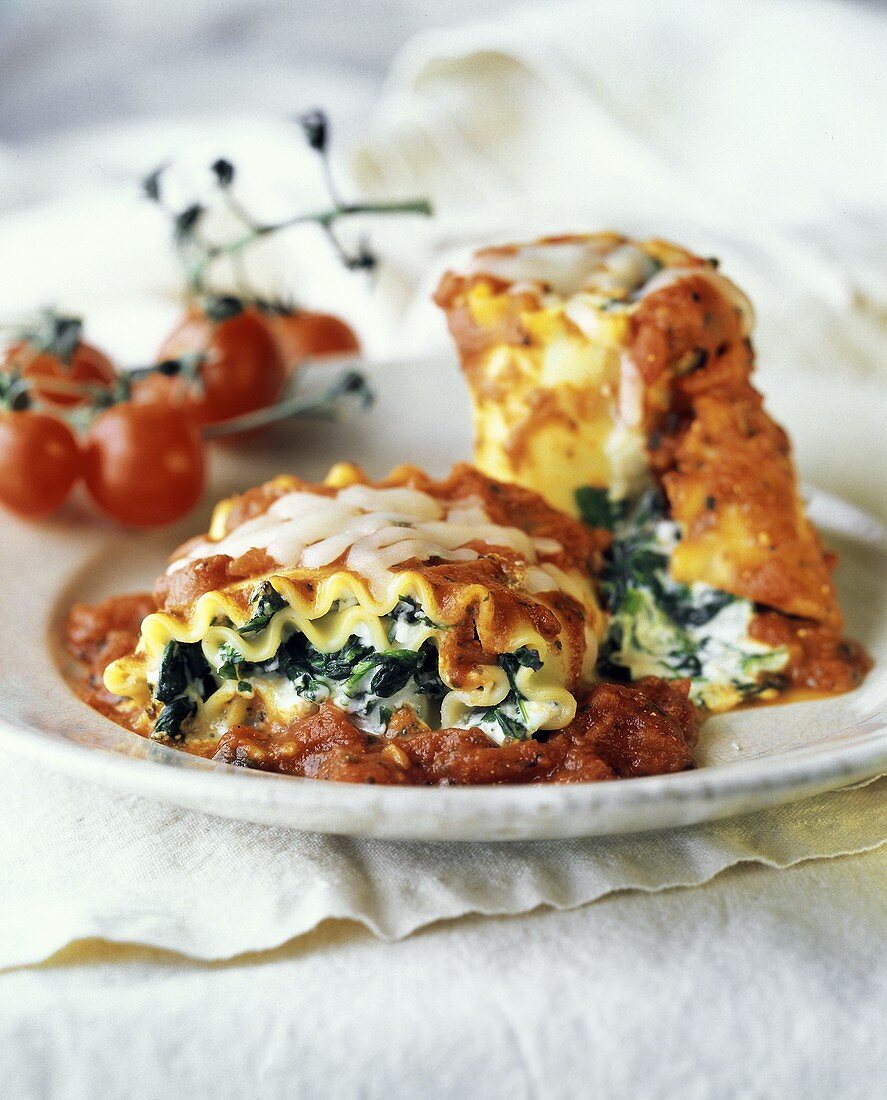 Bunte Spinatlasagne mit Tomatensauce auf Teller